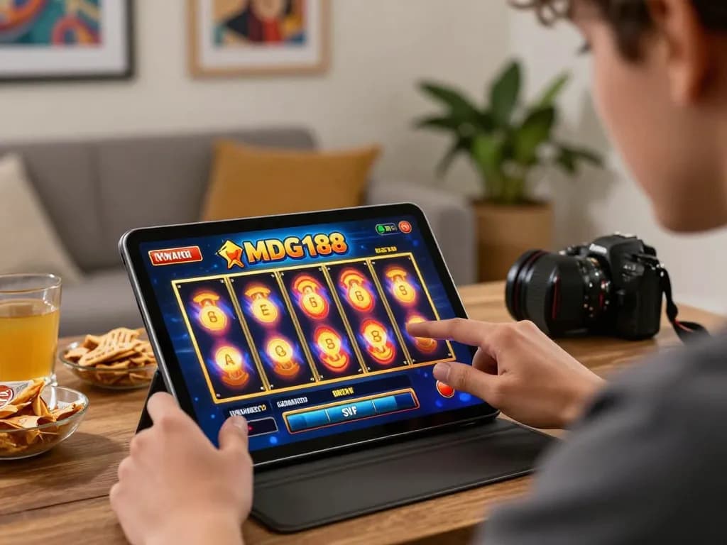 Player engaging with MDG188 slots on tablet, showcasing an inviting home gaming setup