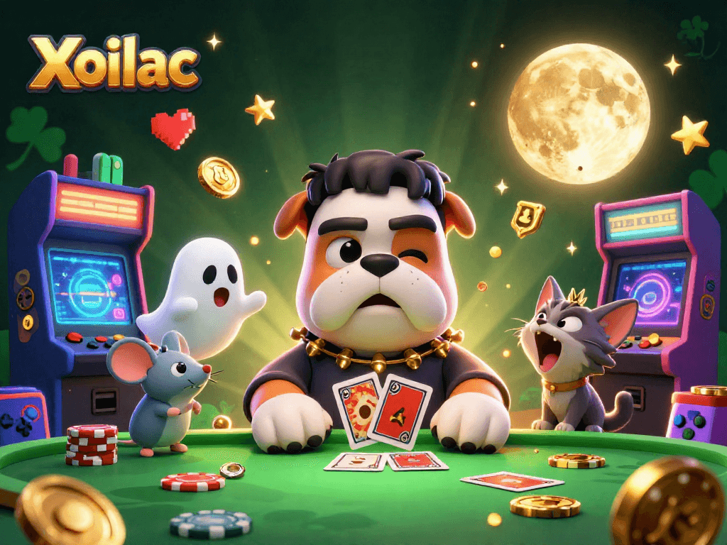 Xoilac enhances gaming fun with a cartoon bulldog dealer and spooky casino elements.