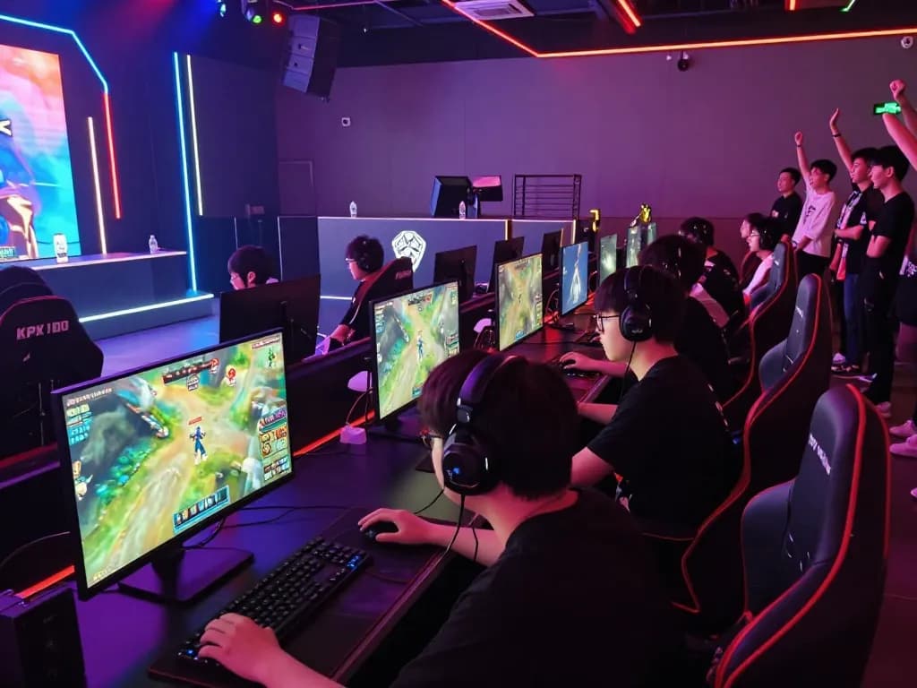 KPK100 esports tournament scene with gamers focused on screens and LED lights.