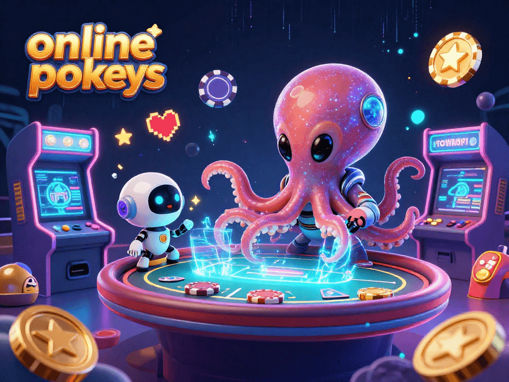 Engaging 3D illustration of online pokies featuring an alien octopus and robot at a floating poker table.