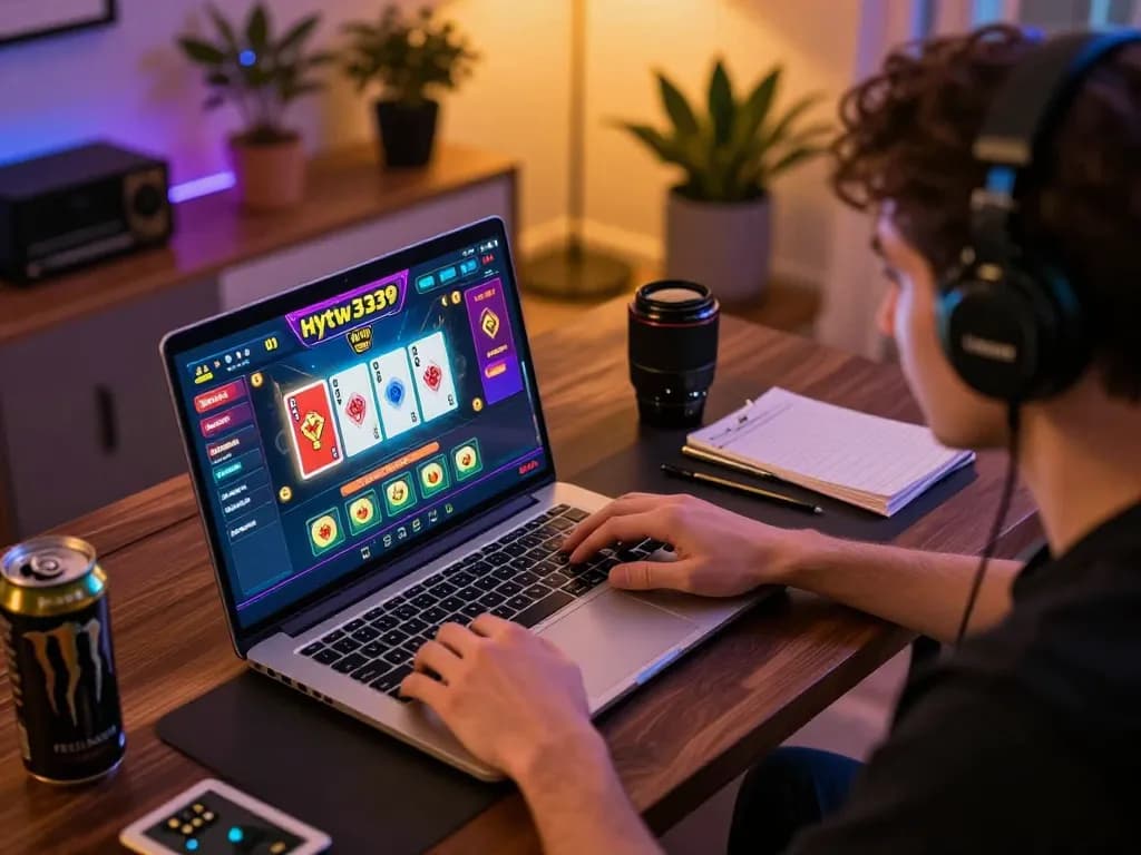 Engaged player immersed in hytw3339 online casino gaming with cards displayed.