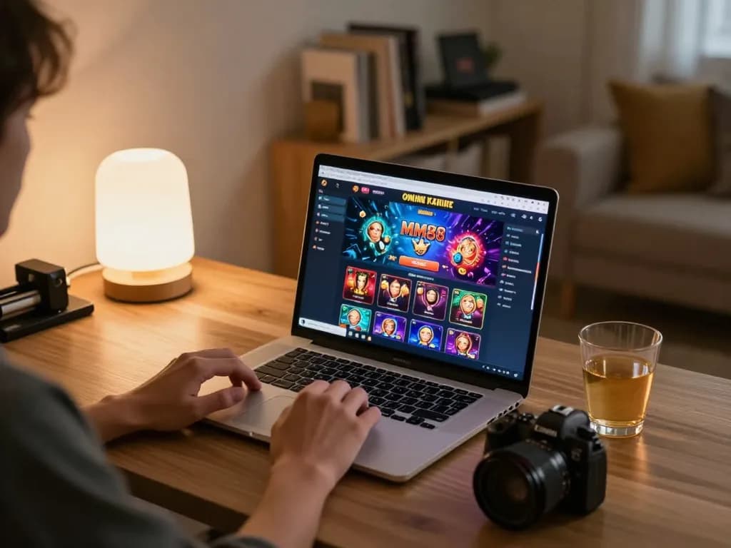 Player engaging with the MM88 online casino on a laptop, showcasing fun and strategic gameplay