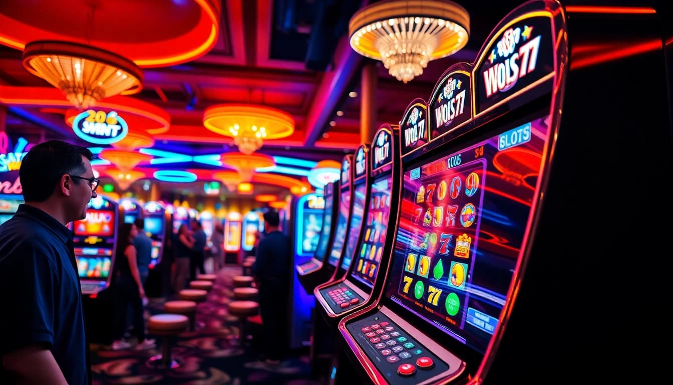 Slot77, elated player enjoying a vibrant slot machine experience in a lively casino setting.