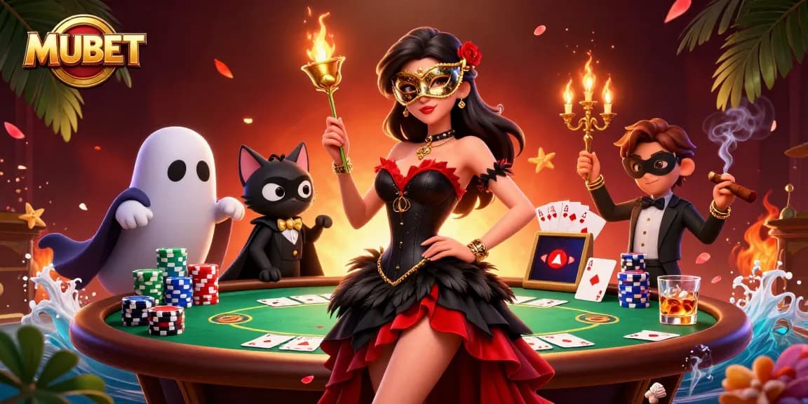 Engage in thrilling poker action with MUBET, featuring glamorous characters and vibrant casino elements.