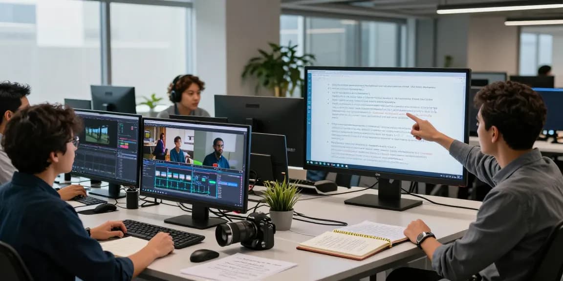 Team of professionals using a prompt ai generator for video analysis in a modern office.