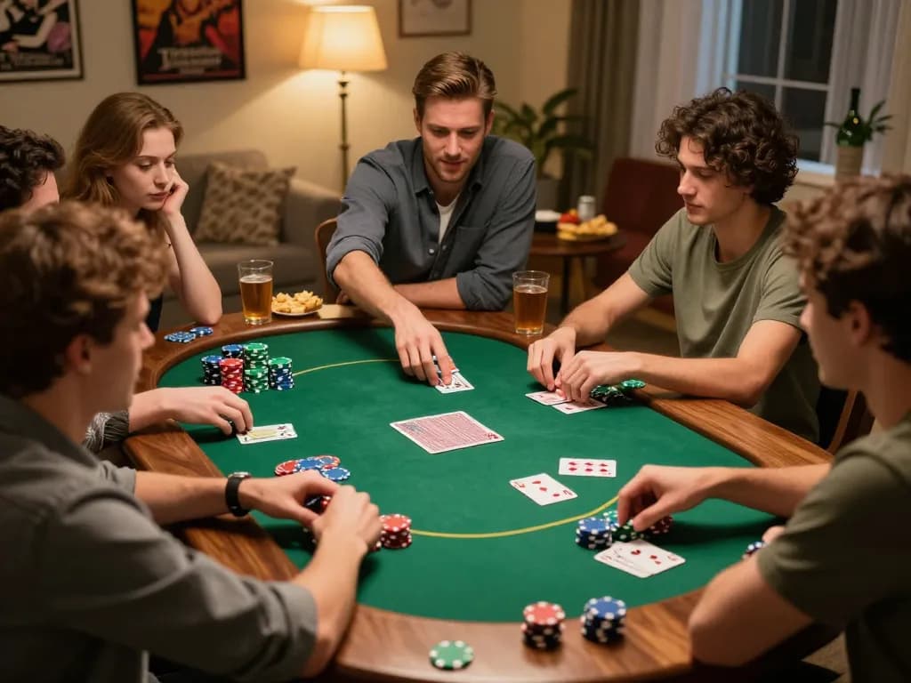 Friends enjoying a friendly poker game at home with Fun88-themed decorations, showcasing strategy and social interaction.