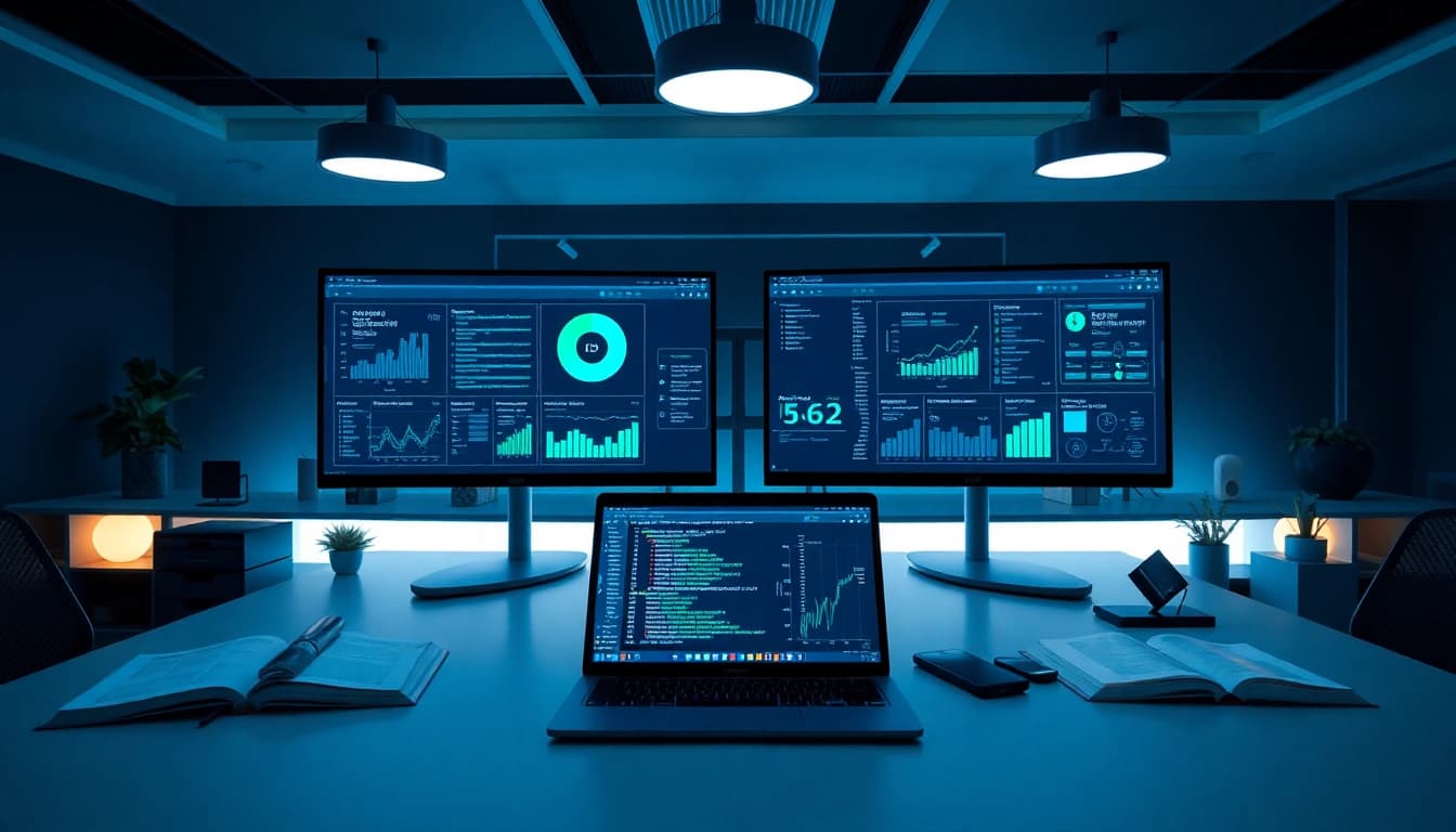 Infosec workspace with technology displays showing cybersecurity data and analytics.