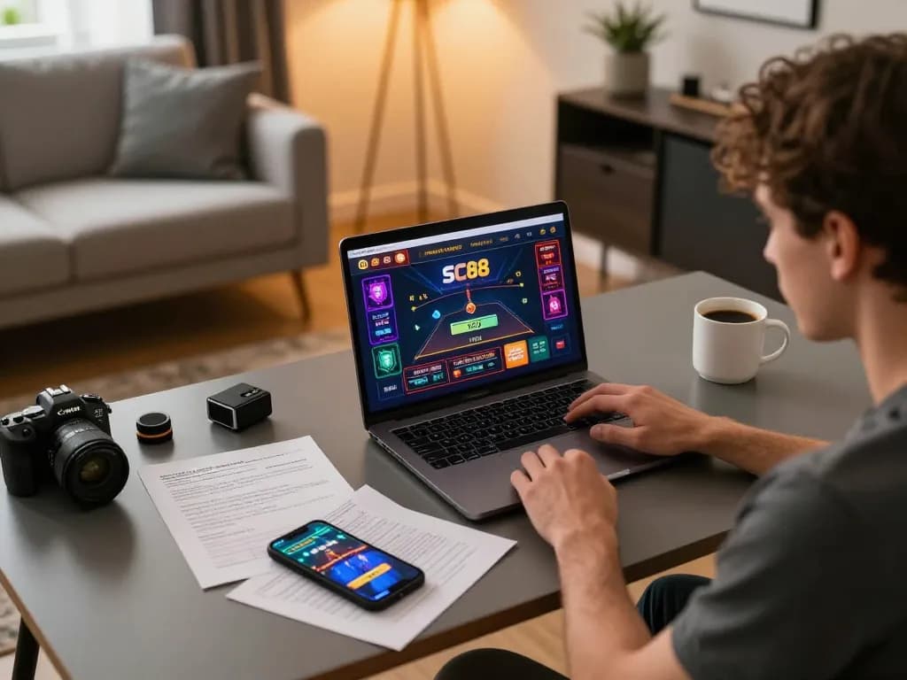 Engaging with SC88 online casino on laptop, showcasing strategic gambling setup.
