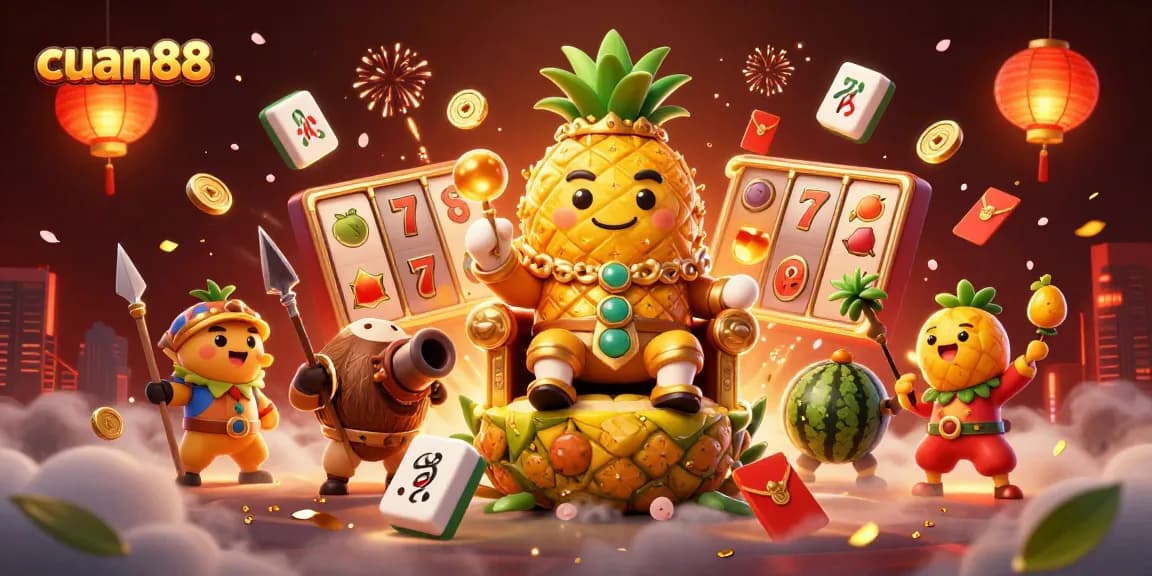 Menangkan jackpot di cuan88 dengan simbol slot yang mengelilingi raja nanas emas dan pengawal kelapa.