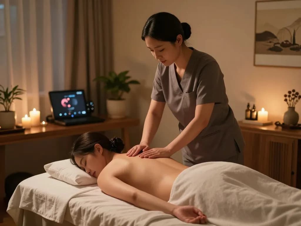 인천 출장마사지 service in a serene hotel room with a therapist applying soothing techniques.