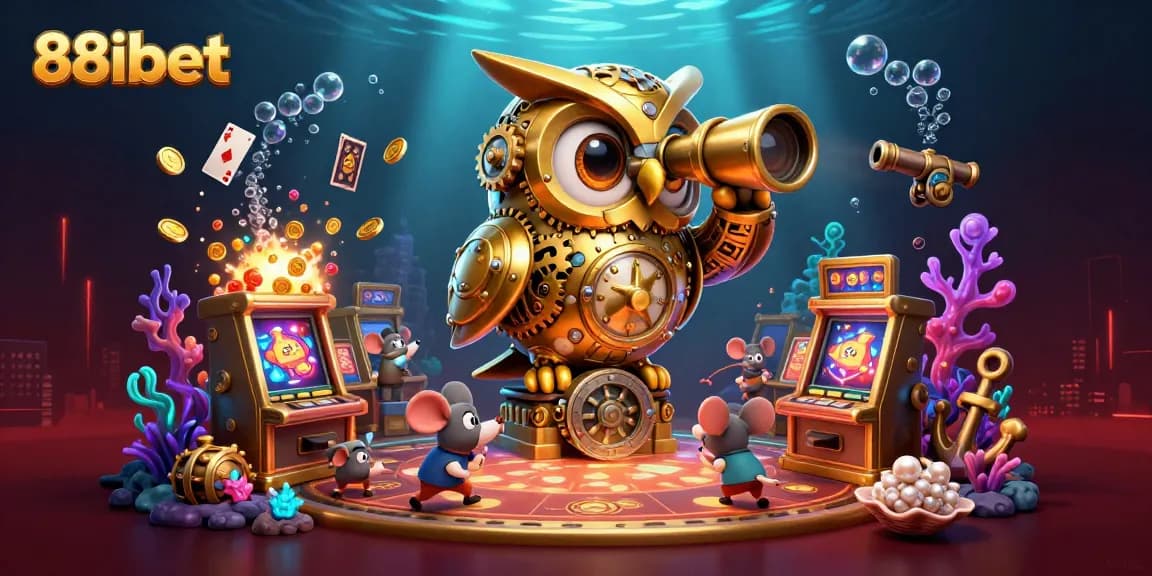 Engage with the thrilling world of 88ibet's casino featuring a golden owl and vibrant game elements.