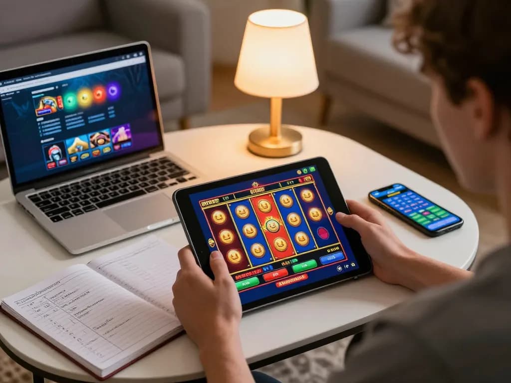 A player spins the slot reels on a tablet while enjoying a cozy home gaming experience.