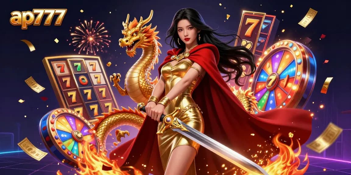 Participe de emocionantes jogos de slot no ap777 com elementos coloridos e uma rainha guerreira.