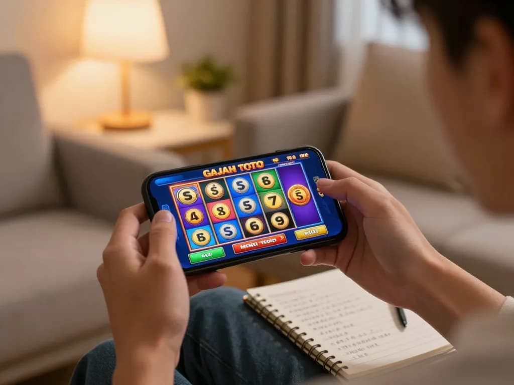 Player engaging in Gajah Toto mobile slot gaming with colorful interface and cozy home atmosphere