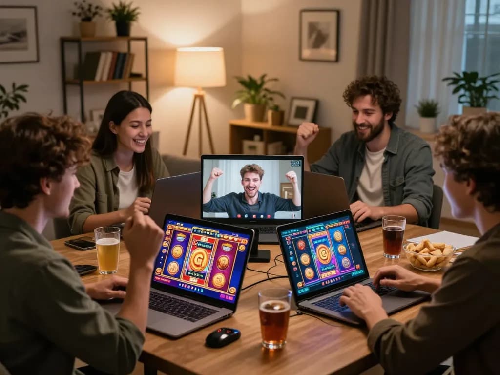 Players engaging in IDCASH88 online slots celebration from cozy home setups, emphasizing responsible gaming