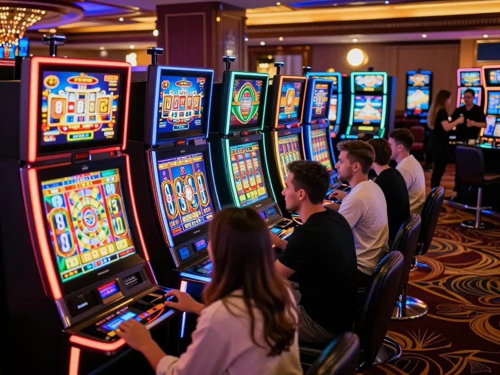 Players enjoying slot machines in a vibrant casino environment, capturing the excitement of gameplay.