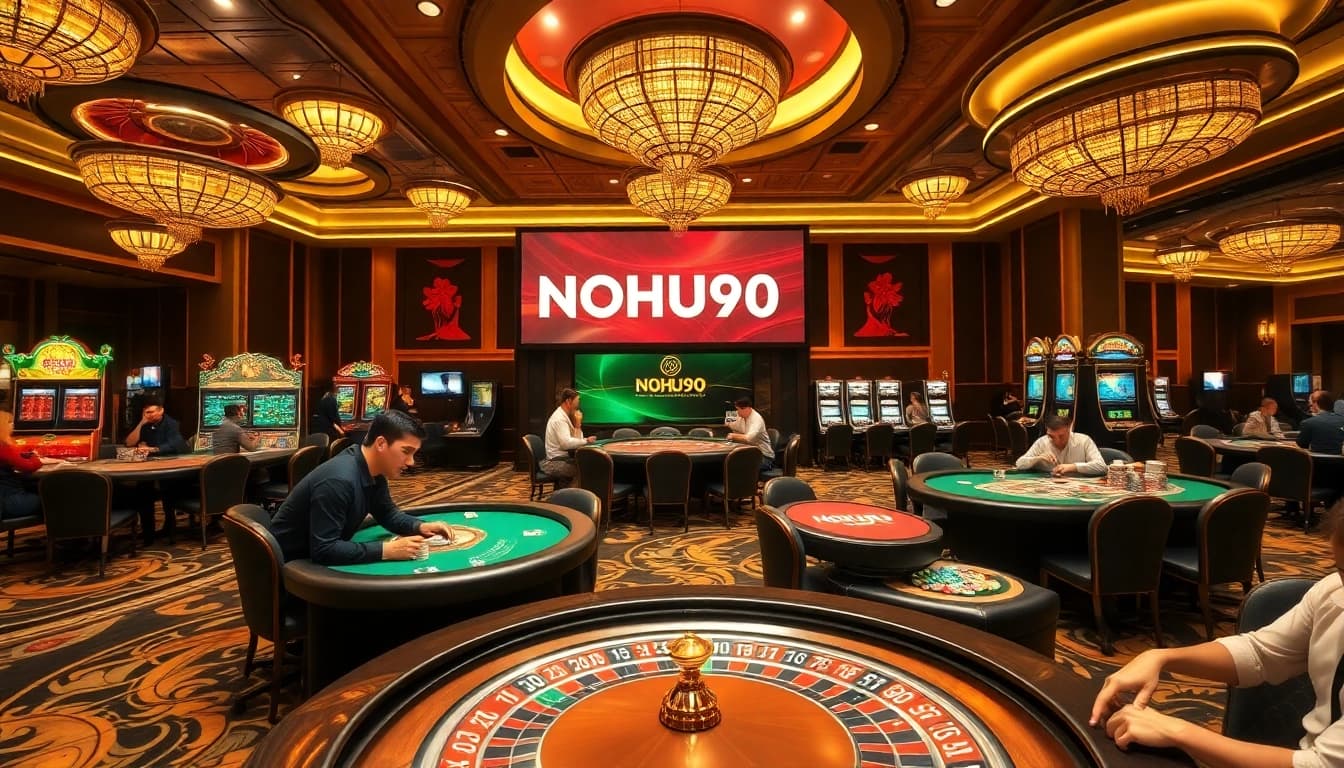 Experience the thrilling atmosphere of NOHU90 with gamblers at luxurious tables, showcasing exciting casino games.