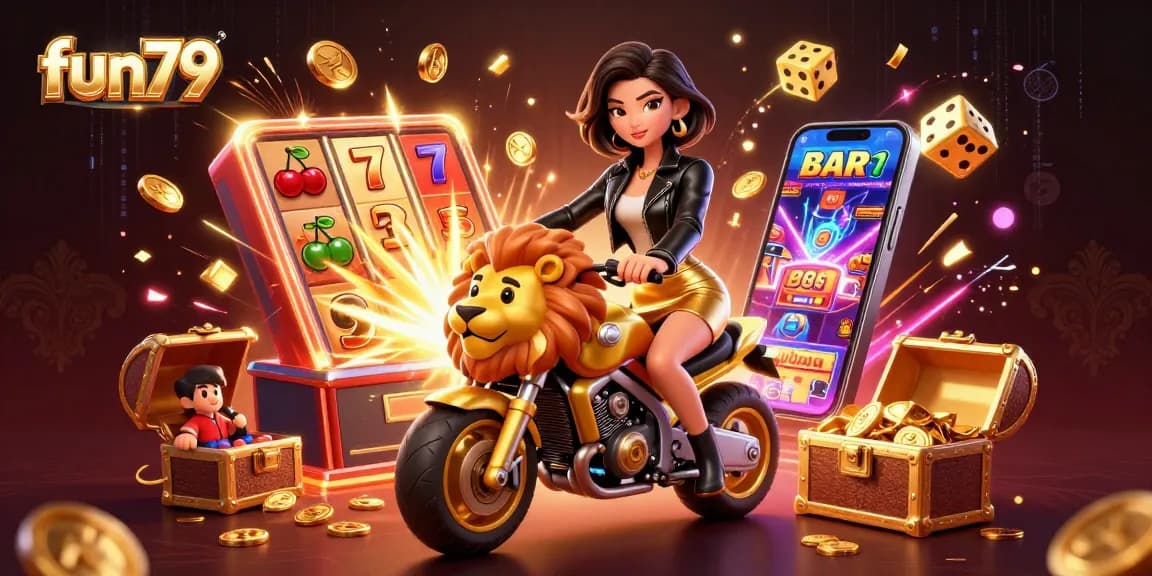 Experience thrilling gaming at fun79, featuring slot machines and vibrant casino elements.