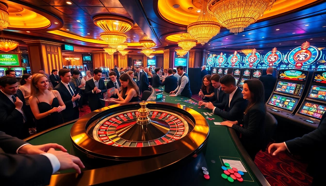 Pemain menikmati suasana kasino mewah di jmacdonaldphoto.com dengan meja roulette dan poker yang meriah.