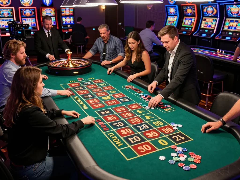 Rasakan kegembiraan permainan roulette Leci123 dengan chip dan taruhan di kasino yang ramai.