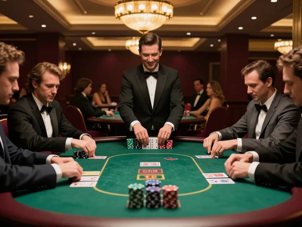 Players engaging in an intense iWin poker game at a luxurious casino table with colorful chips