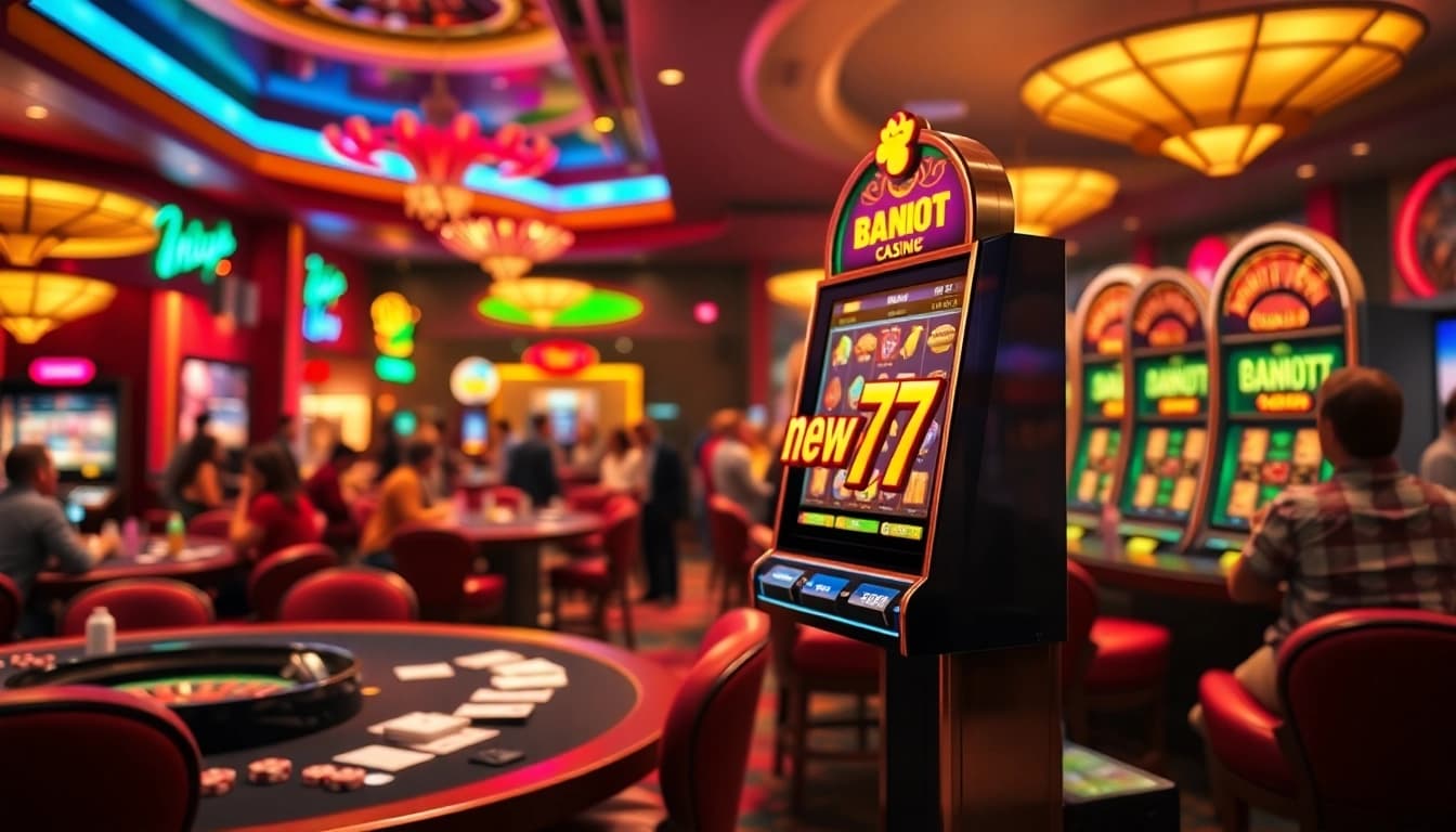Players enjoying the new77 slot machine experience in a vibrant casino atmosphere.