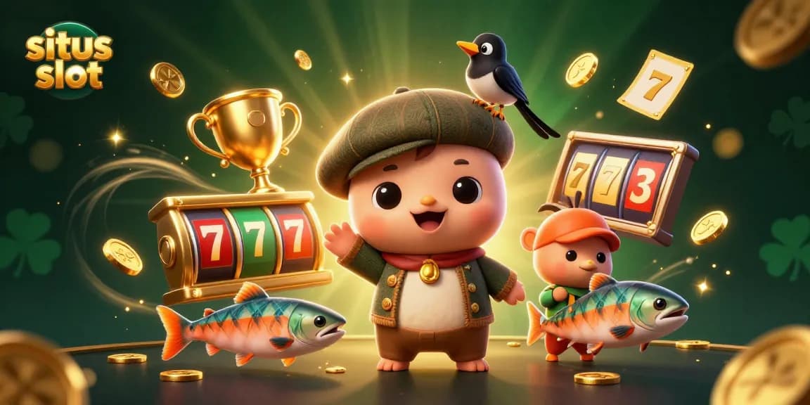 Situs slot showcased through a vibrant 3D illustration featuring Nessie, jewels, and casino elements.