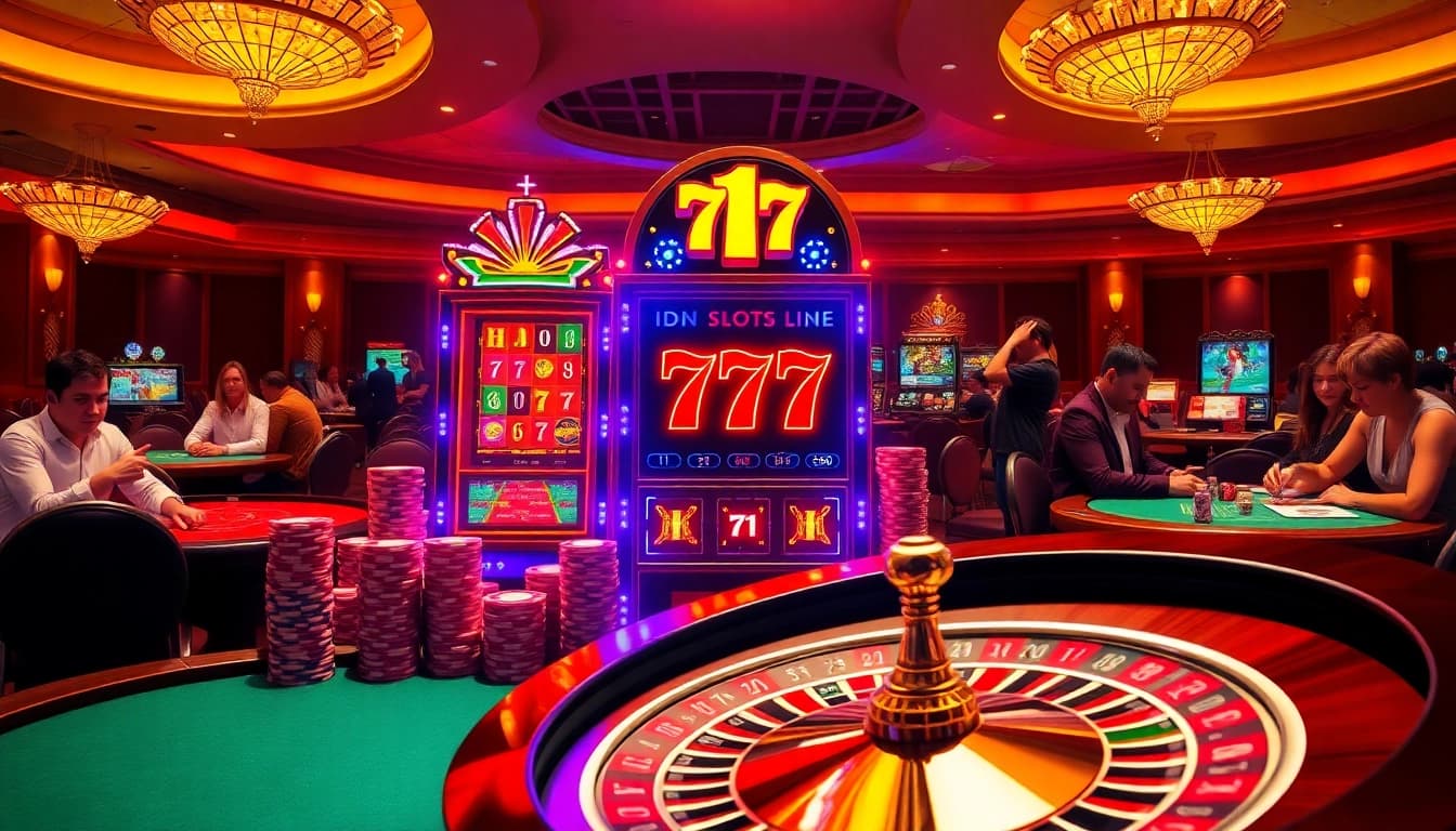 Play slots at IDN Slot 777 in a luxurious casino atmosphere filled with excitement.