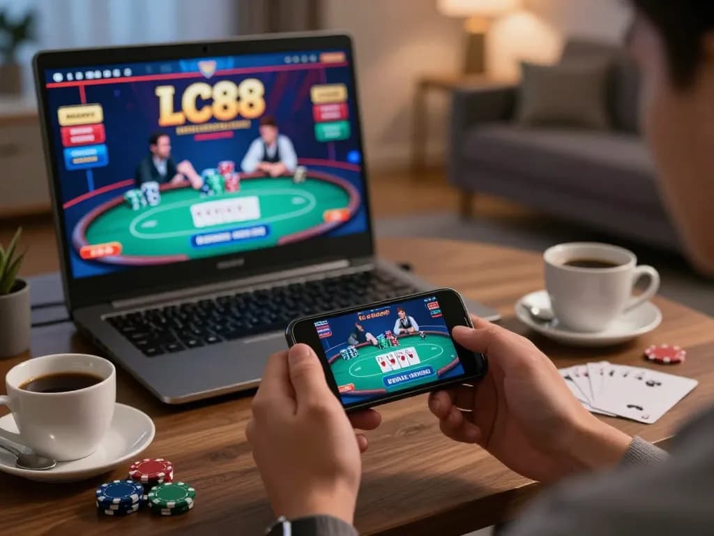 Engaging player using LC88 mobile app for online casino gameplay, showcasing dynamic poker action.