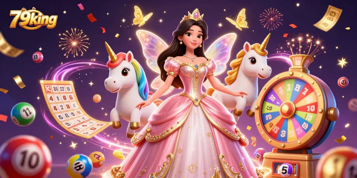 Win big with 79king in a vibrant casino-themed celebration illustration featuring dynamic lottery elements.