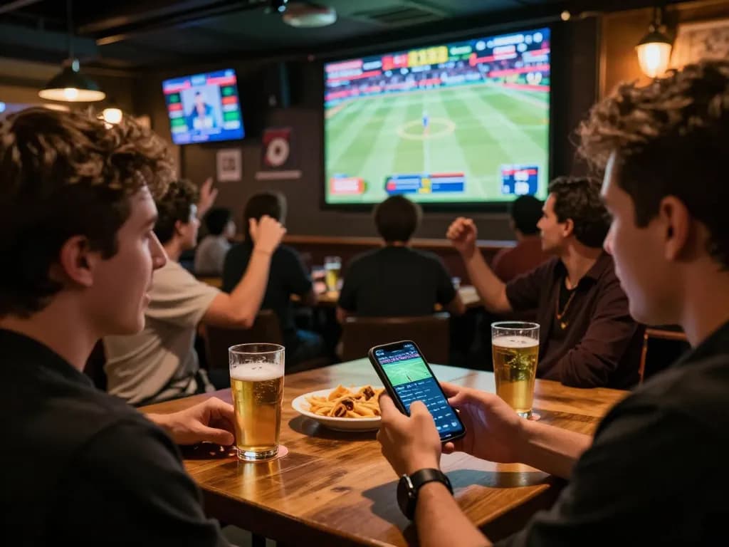 Engaged bettor strategizing on F168 mobile app while watching live sports in energetic bar.