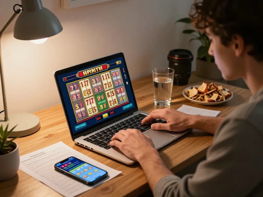Taking a spin on a toto slot while enjoying a cozy home gaming session, showcasing enthusiasm for online gaming.