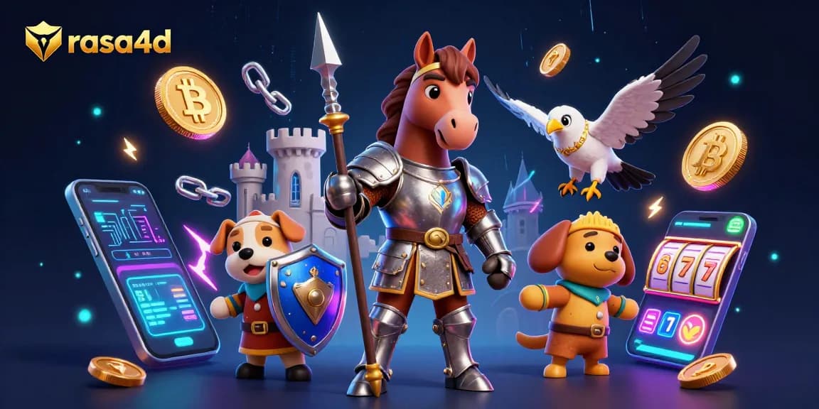 Permainan kasino rasa4d dengan karakter ksatria dan koin cryptocurrency mengelilingi jackpot