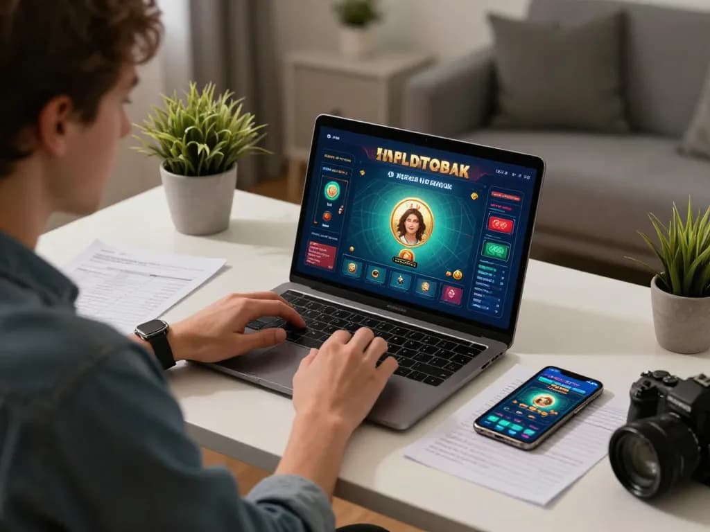 Player engaging with kkwin online casino on a laptop at home, reflecting responsible gaming.
