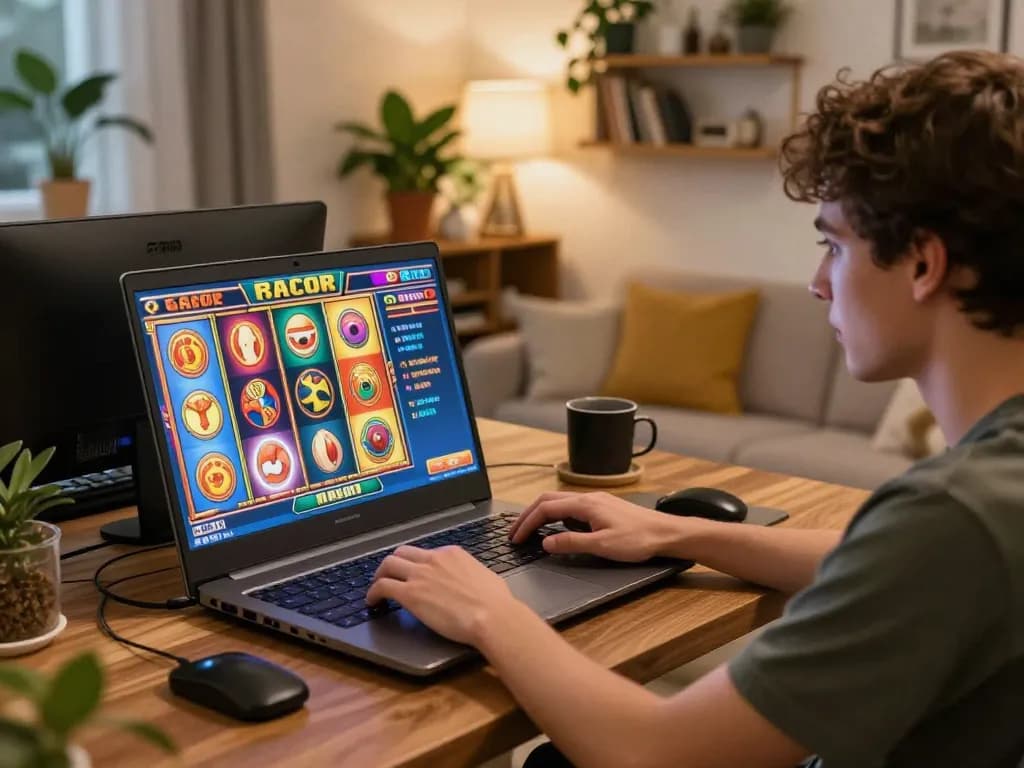 Engaging in slot gacor gameplay on a laptop in a cozy home setting, representing responsible gambling action
