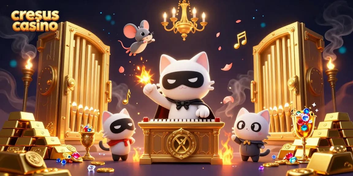 Vivez l'excitation au cresus casino avec des trésors magiques et des personnages en 3D dans une scène de casino vibrante.