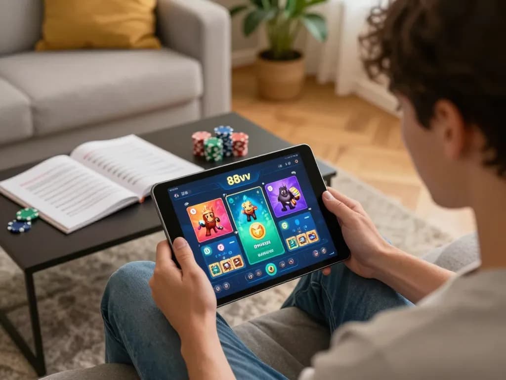 Player engaging with the 88vv online casino app on tablet, showcasing vibrant gaming interface