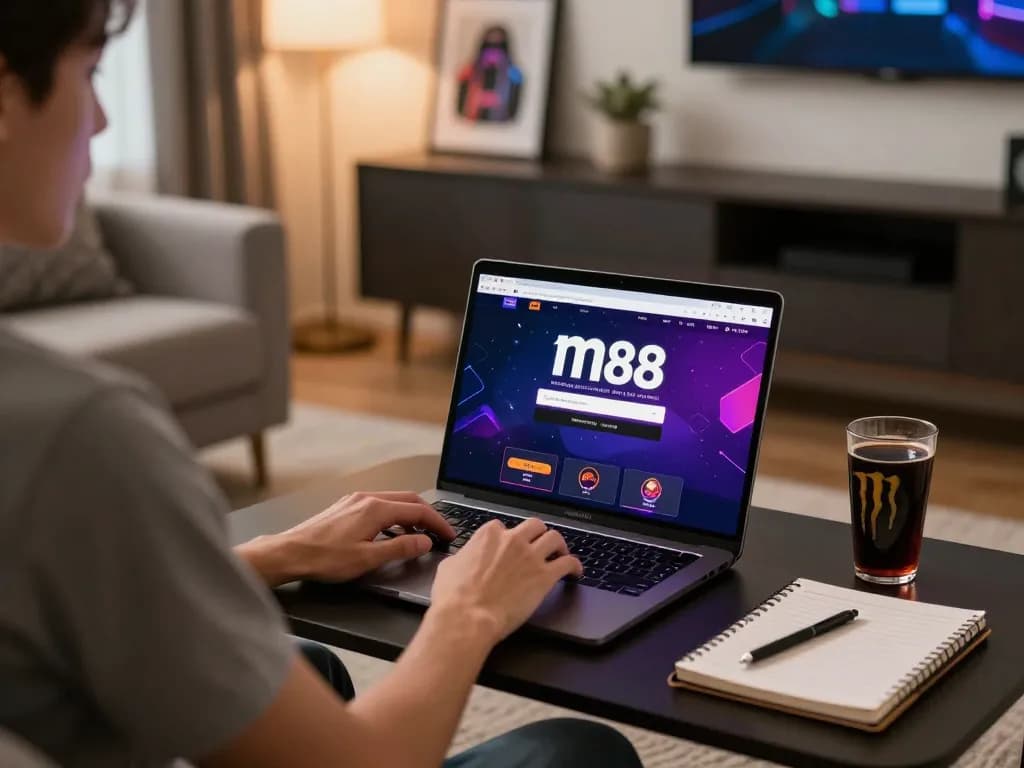 Engage with the m88 login for exciting online gambling experiences in a cozy living room.