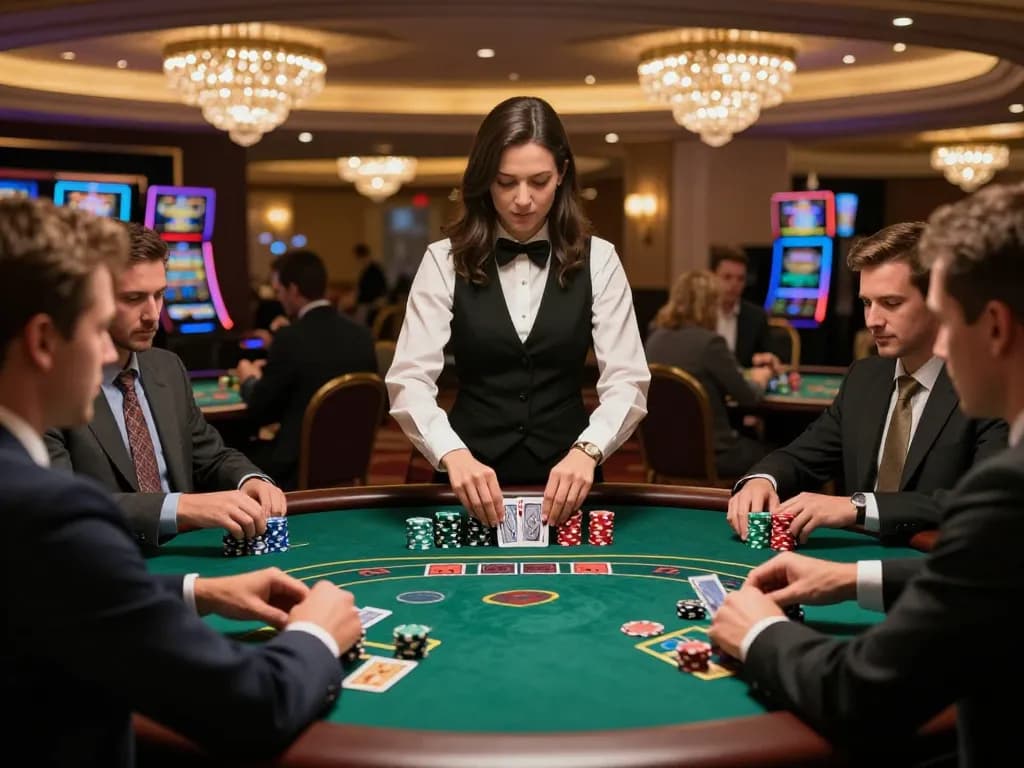 Players engage at a stylish blackjack table in a casino, showcasing g28 strategies for better gameplay.