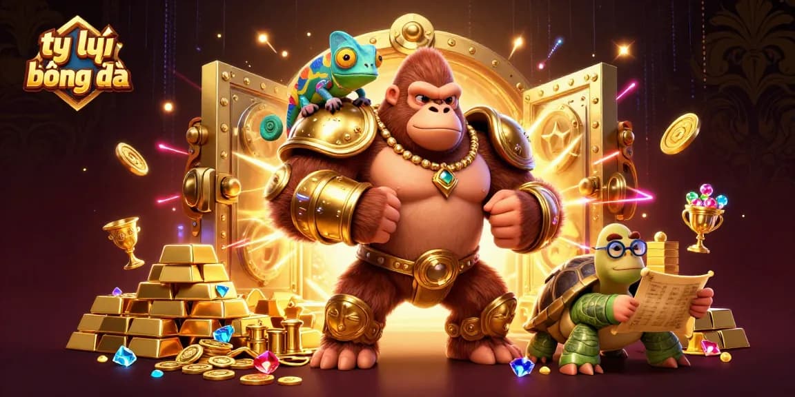 Engaging scene showcasing tỷ lệ bóng đá with a cartoon gorilla, chameleon, and tortoise amidst treasure and exciting gambling elements.