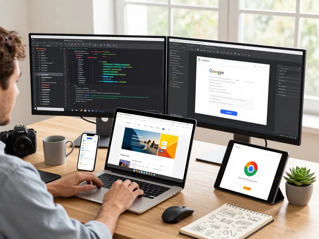 Explore the seamless browsing experience with 谷歌浏览器 across multiple devices in a modern tech workspace.
