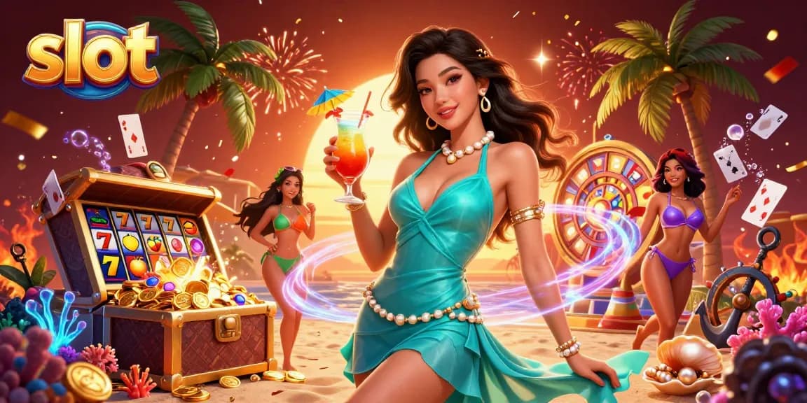 Spin the slots with vibrant colors and dynamic characters in a tropical casino scene