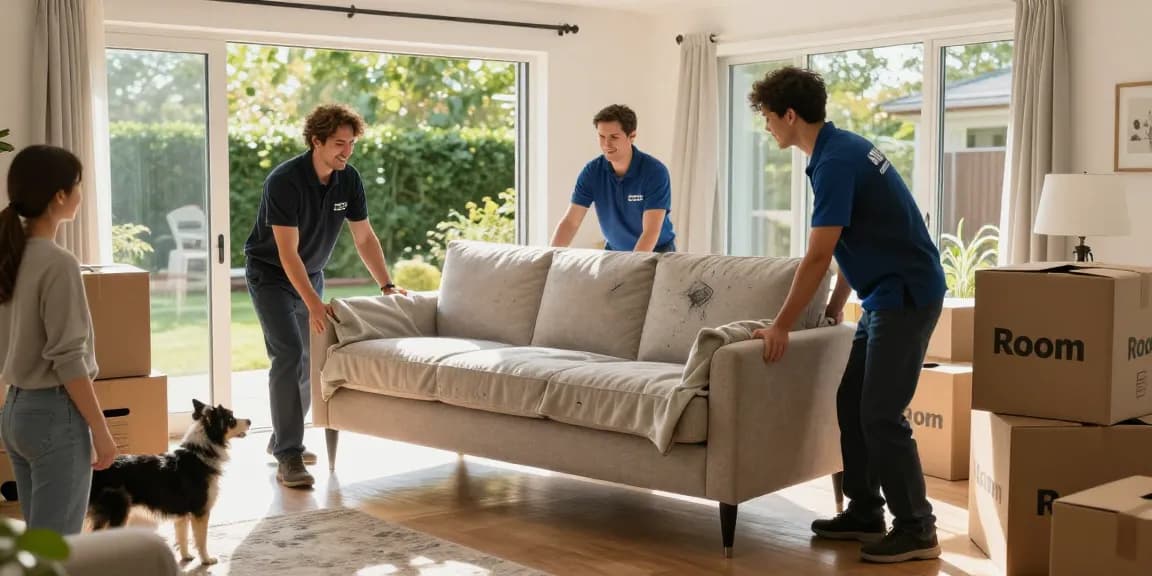 moving company with storage near me - professional movers carefully handling a couch in a residential setting, showcasing an organized and friendly moving experience
