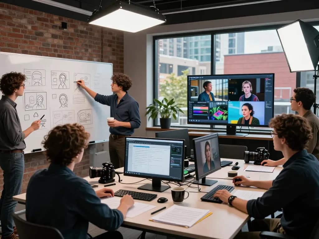 Filmmakers using Seedance 2.0 in a modern video studio, showcasing AI video technology.