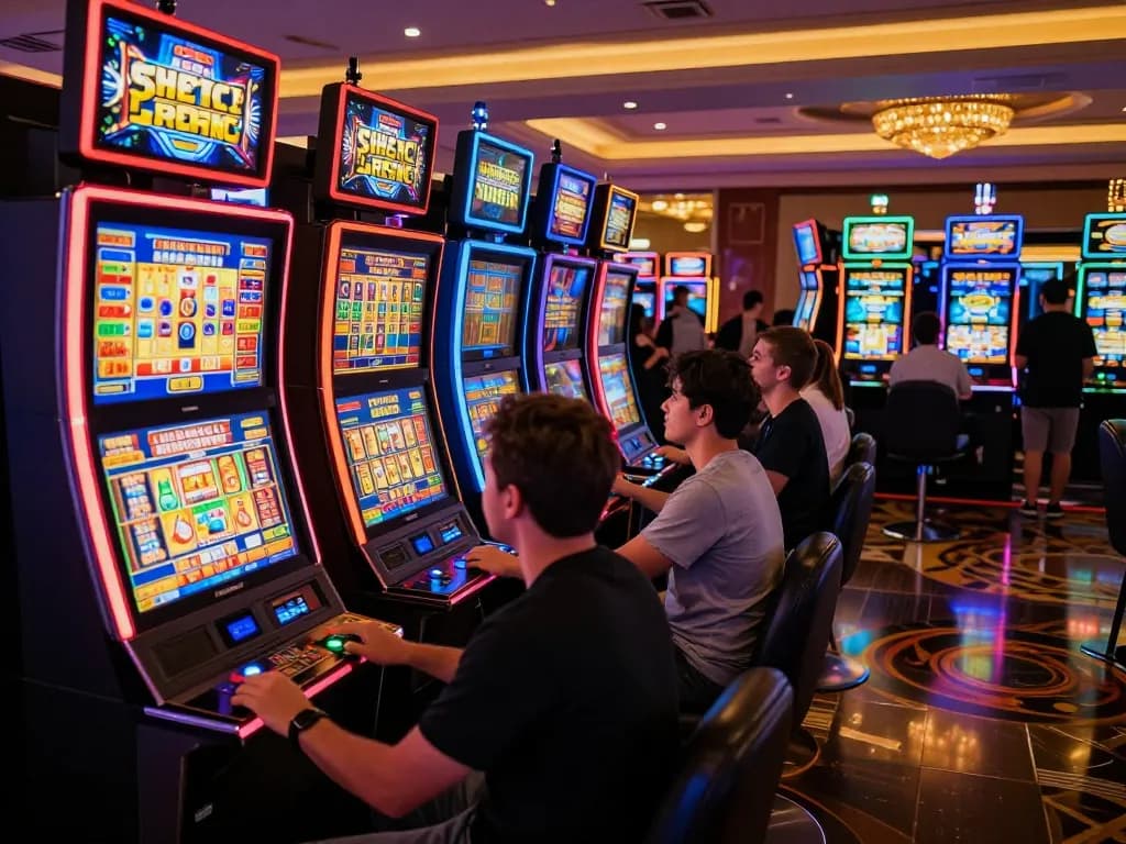 Players enjoy the thrill of slot777 machines in a lively casino atmosphere.
