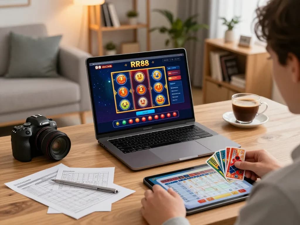Engaging online casino gameplay at RR 88 with vibrant slot visuals and a cozy home setup.