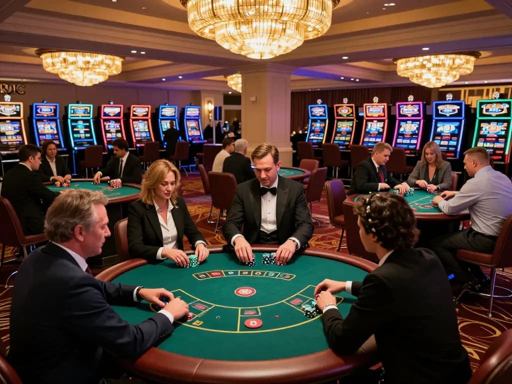KJC players focusing on poker strategies amidst a vibrant casino atmosphere.