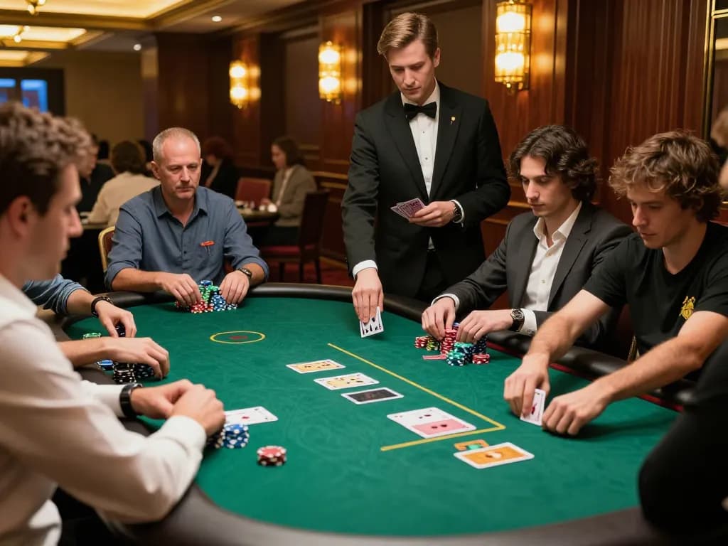 fb88 players strategizing at a luxurious poker table in a vibrant casino setting