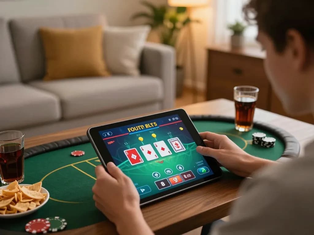 uu88 player enjoying online poker at home with tablet in cozy setting