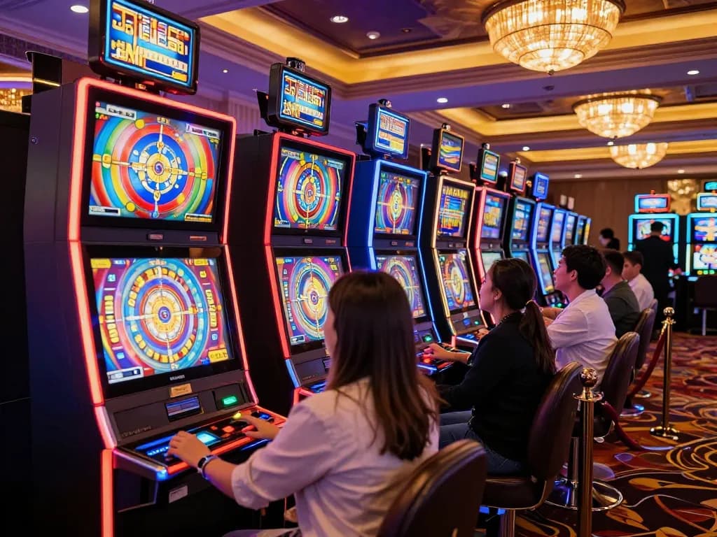 Players enjoying exciting slot action with colorful machines in a lively casino.